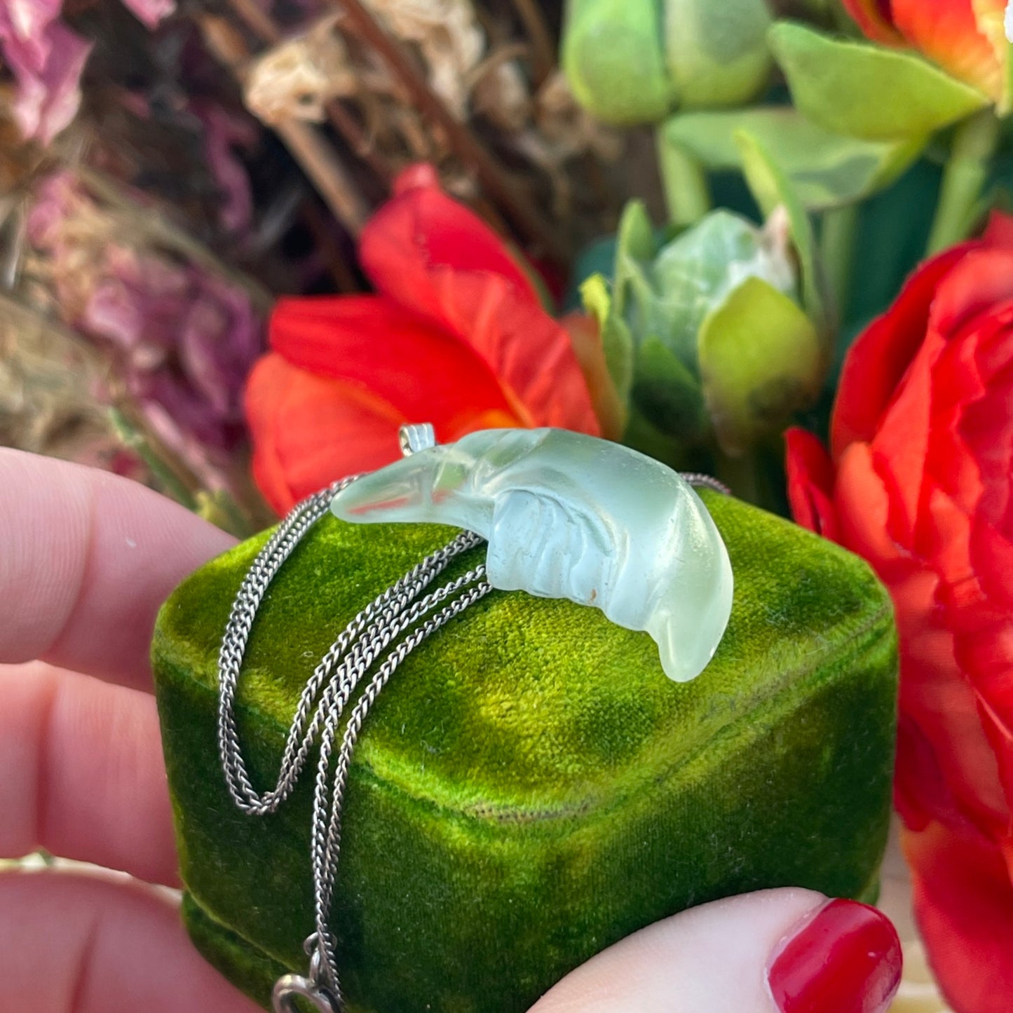 Vintage Sterling Silver Glass Moon Face Pendant Necklace