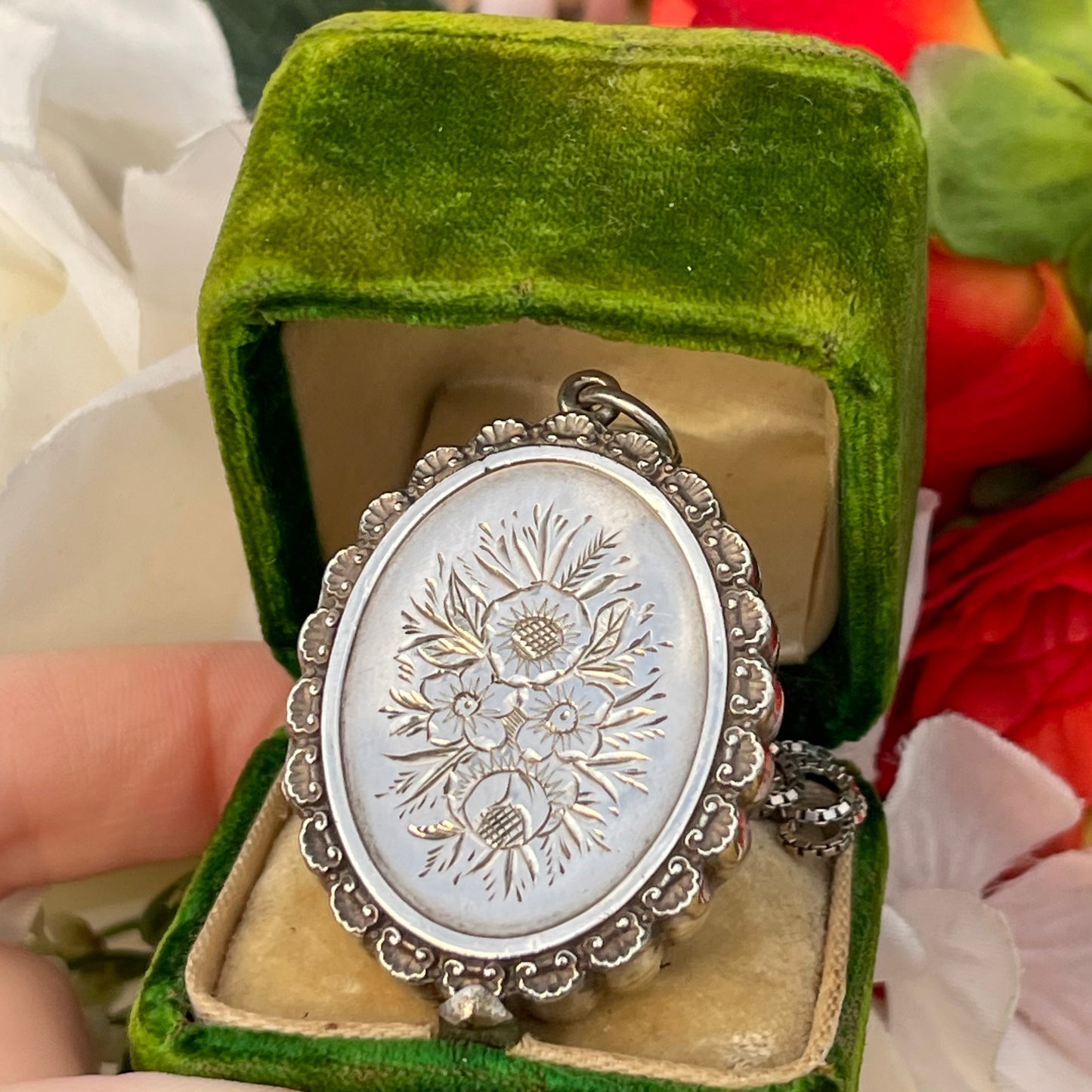 Antique Victorian Floral Sterling Silver Locket Pendant 1881