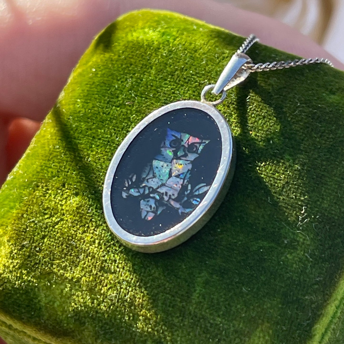 Vintage Sterling Silver Opal Mosaic Inlay Owl Pendant Necklace