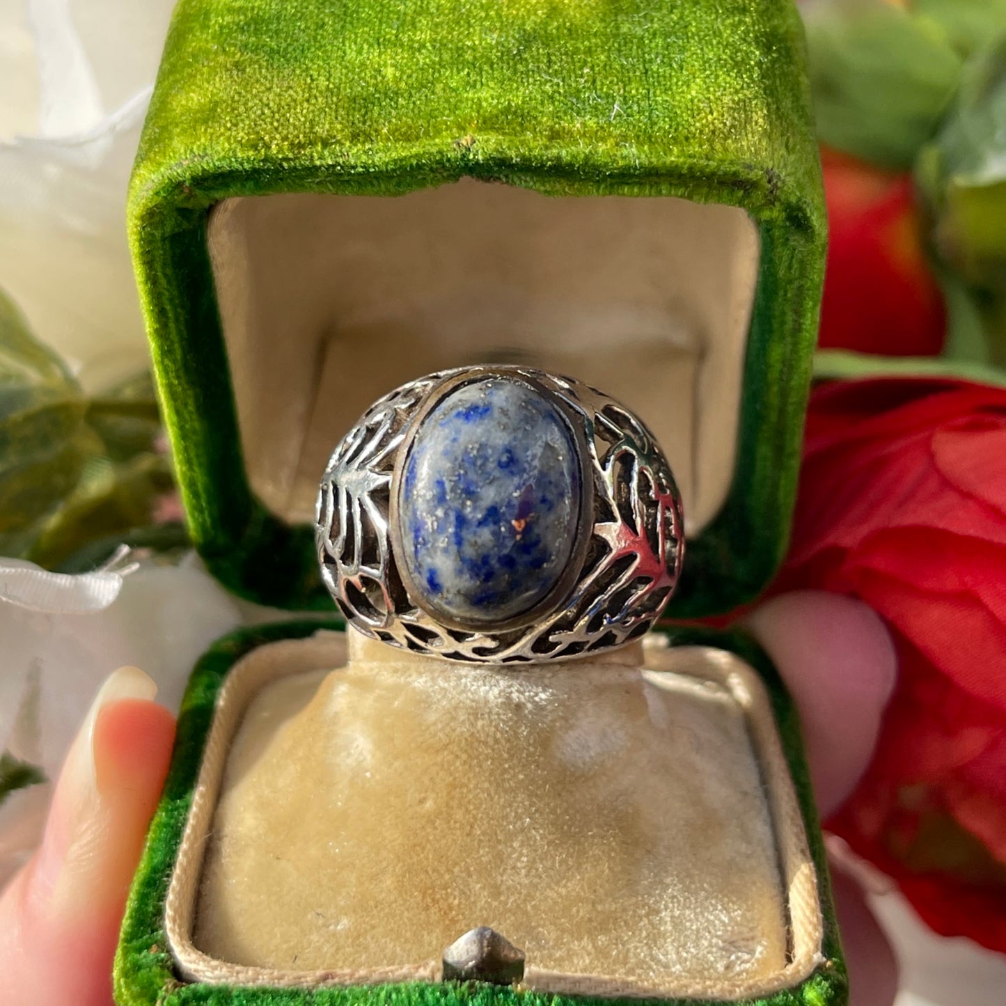 Vintage Sterling Silver Chunky Openwork Blue Ring P/Q