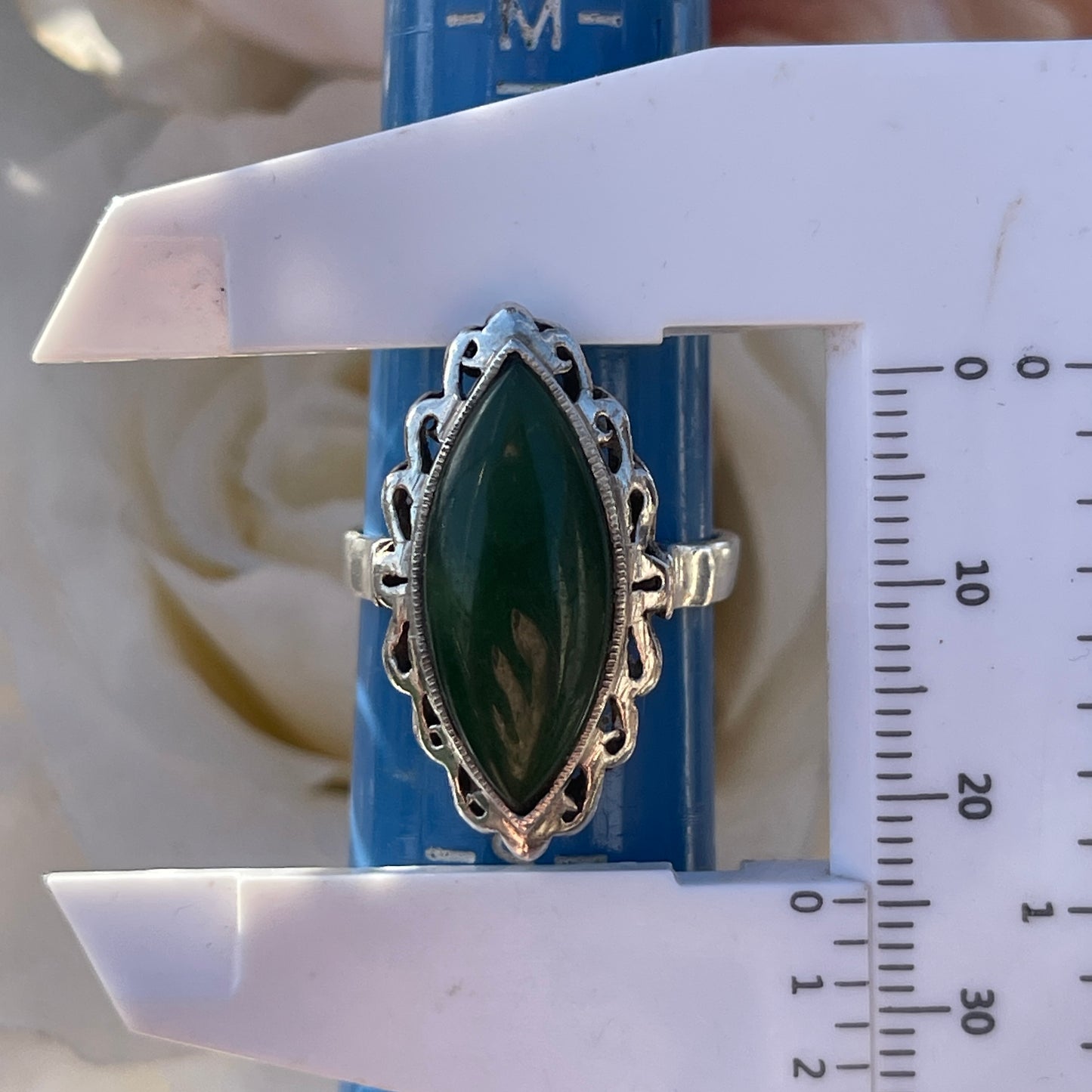 Antique Sterling Silver Large Navette Nephrite Jade Ring UK Q 5g