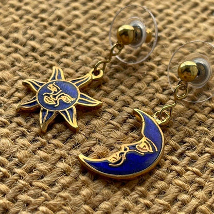 Vintage Blue Cloisonné Celestial Sun and Moon Stud Earrings