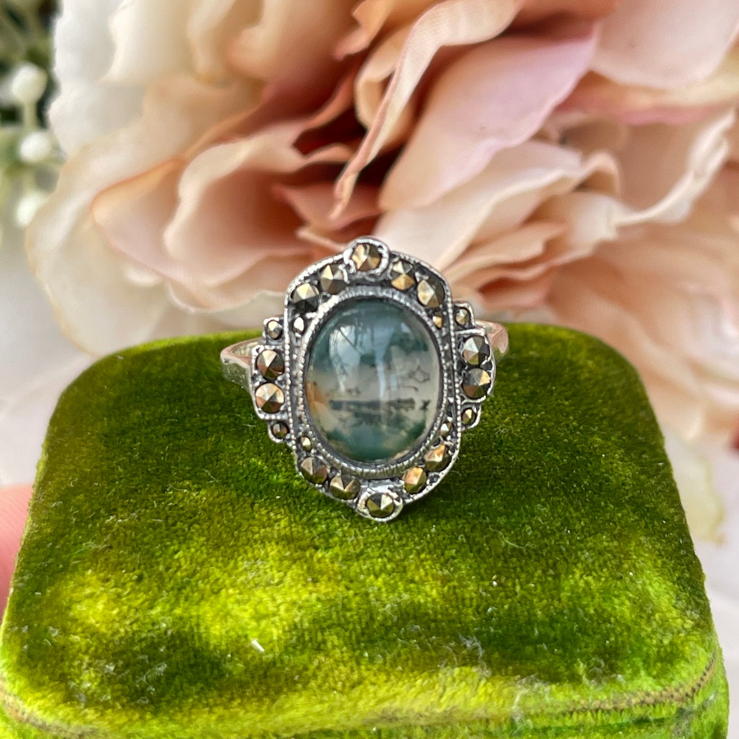 Unreleased: Art Deco Sterling Silver Moss Agate Ring M