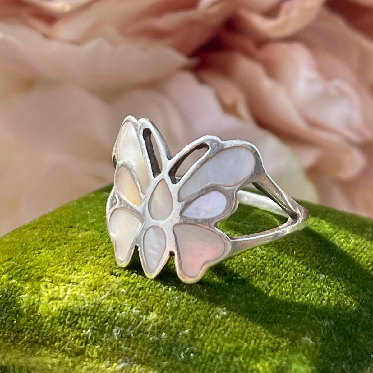 Sterling Silver Mother Of Pearl Inlay Butterfly Ring O