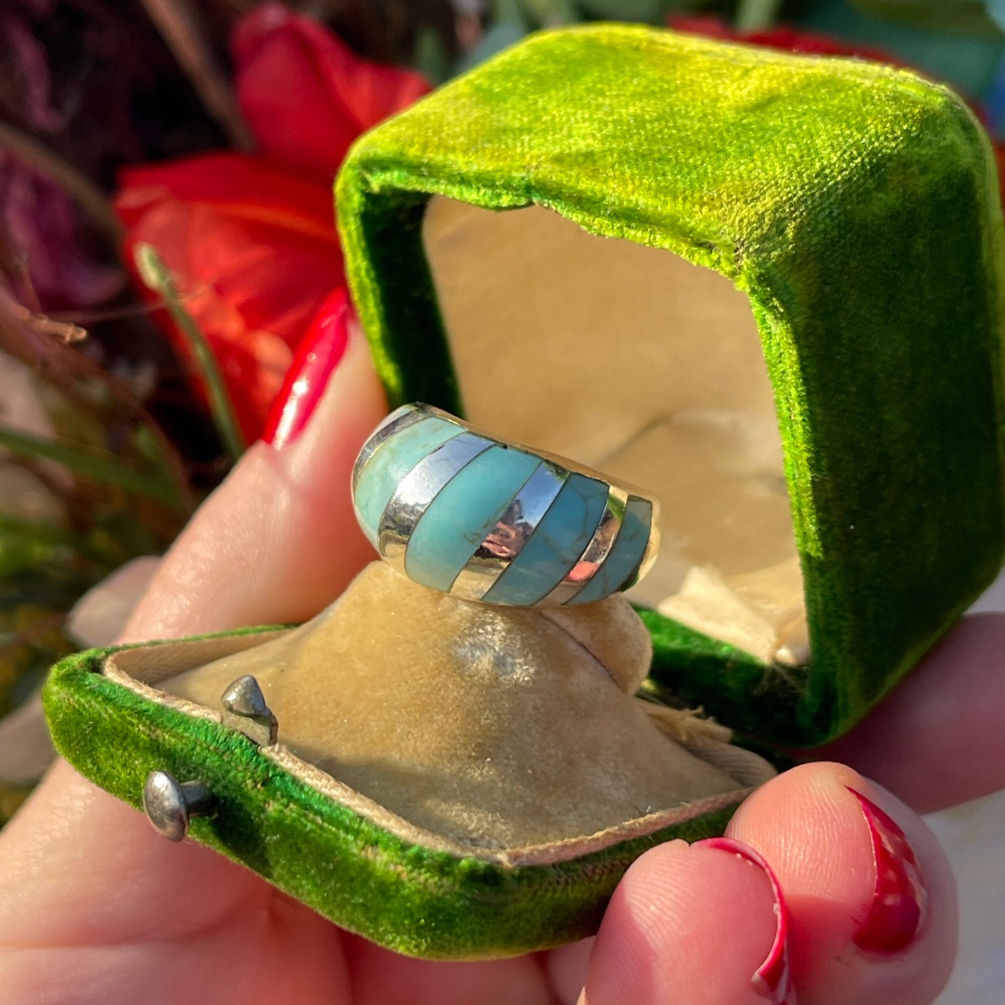 Sterling Silver Turquoise Stripe Bombe Ring Statement Chunky L-M