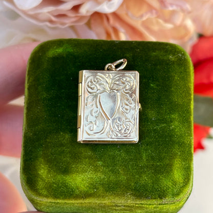 Antique 9ct Gold Edwardian Book Locket Engraved Heart Pendant Rare 1903 3g