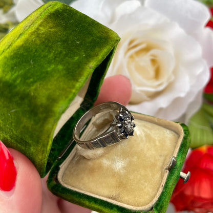 Vintage Sterling Silver Diamond & Sapphire Flower Cluster Ring 925 O