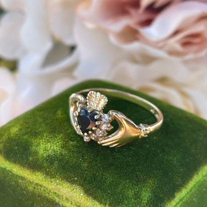 Vintage 9ct Gold Claddagh Ring heart hands Crown Sapphire Q R 2g