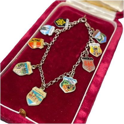 Vintage Sterling Silver Charm Bracelet Shield Travel Austria Belgium