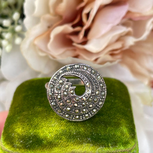 Unreleased: Art Deco Vintage Sterling Marcasite Swirling Circular Ring O
