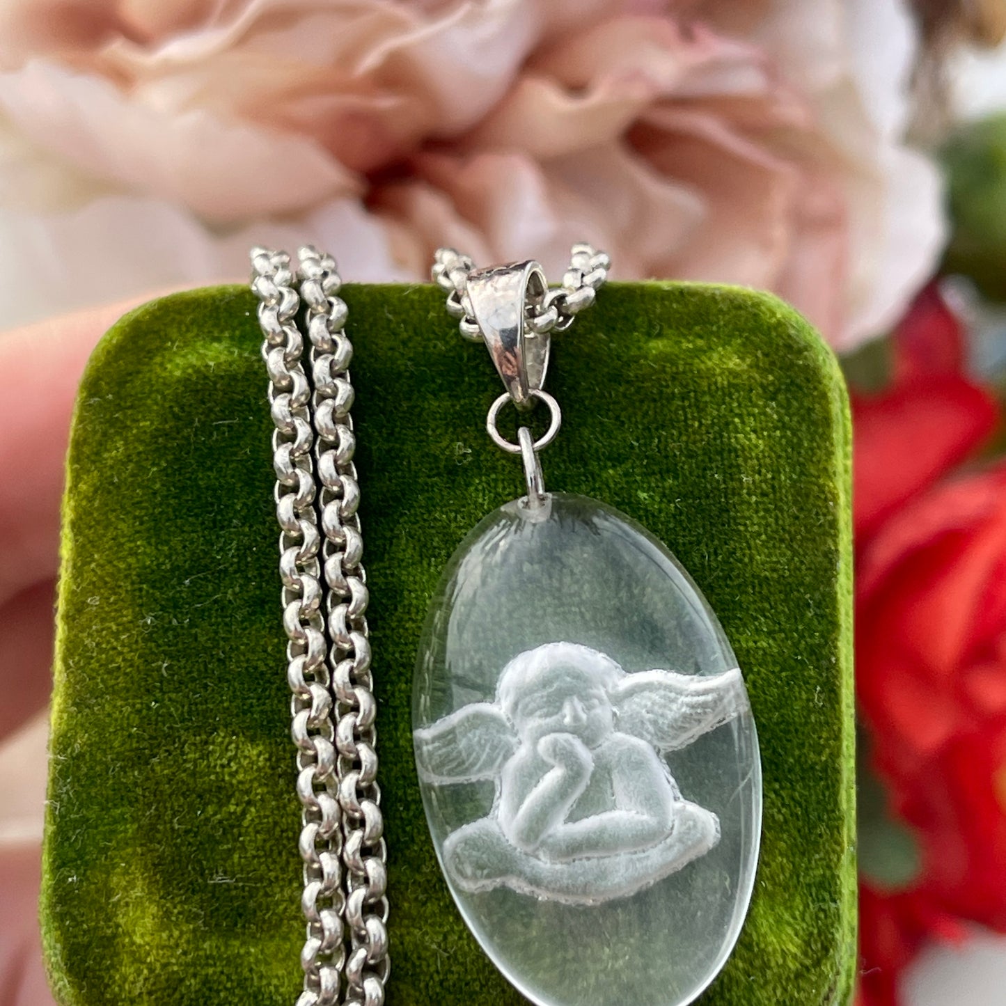 Unreleased: Sterling Silver Intaglio Angel Rock Crystal Pendant Necklace