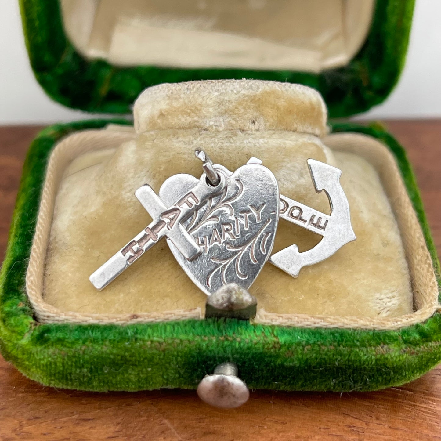 Vintage Sterling Silver Hope Faith Charity Heart Cross Anchor Charm Pendant