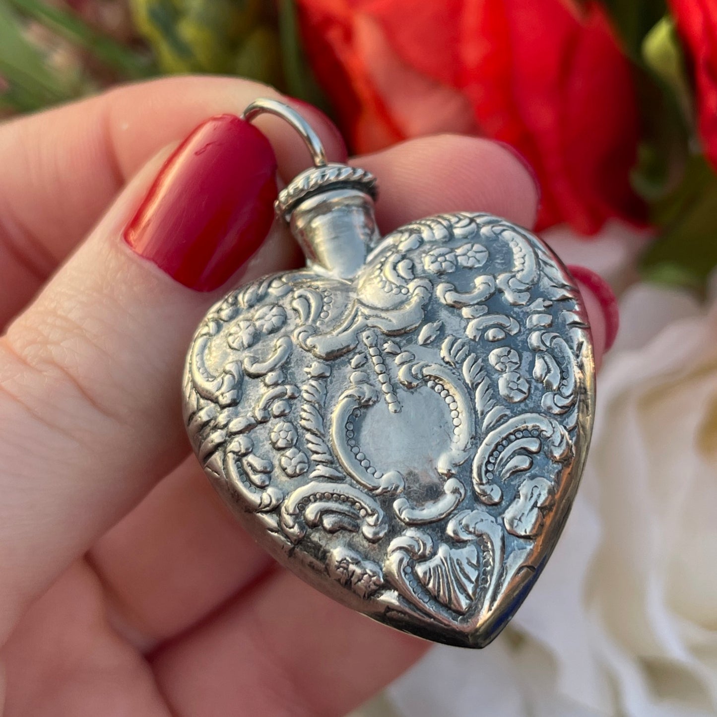 Vintage Sterling Silver Filigree Heart Perfume Repoussé chatelaine Bottle Pendant