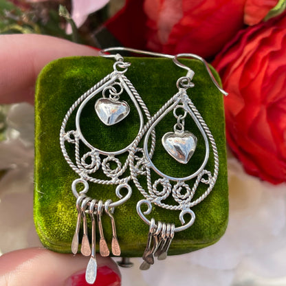 Vintage Sterling Silver Heart Charm Filigree Tear Drop Tassel Chandelier Earrings