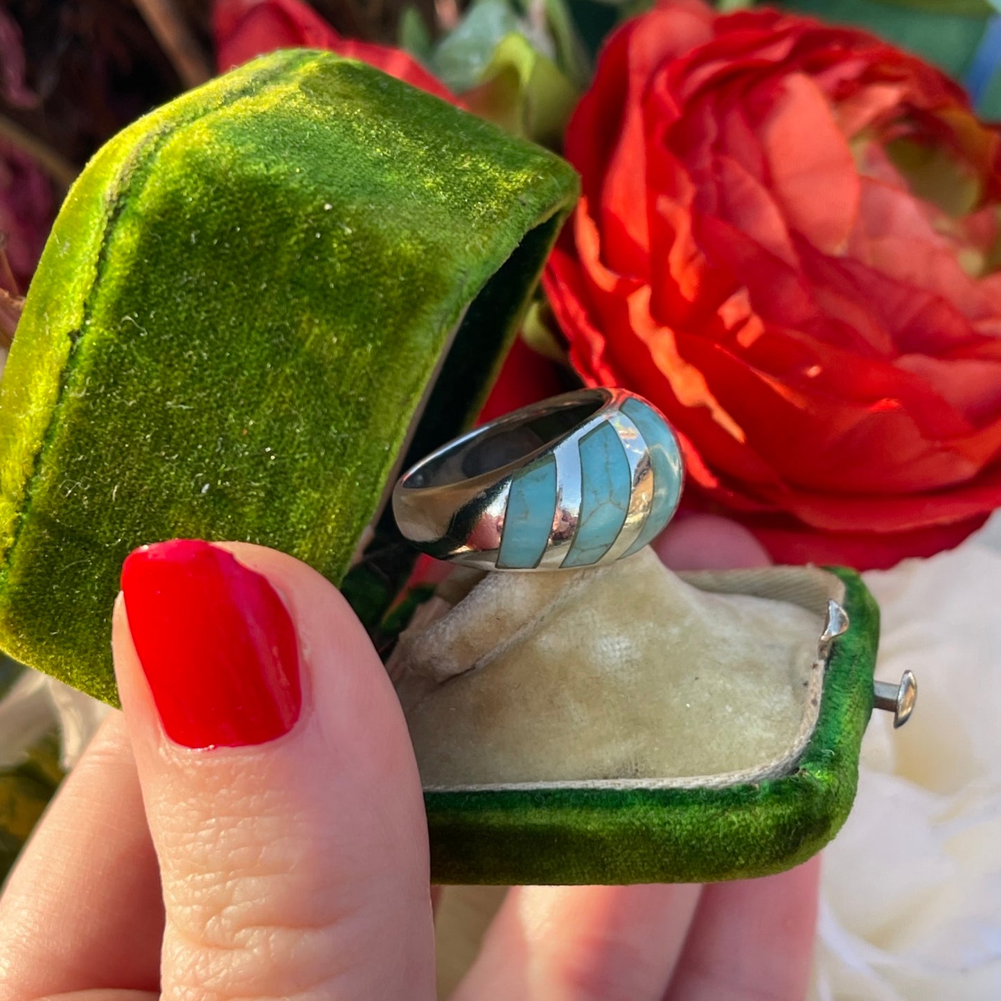 Sterling Silver Turquoise Stripe Bombe Ring Statement Chunky L-M