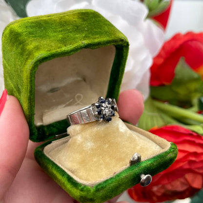 Vintage Sterling Silver Diamond & Sapphire Flower Cluster Ring 925 O