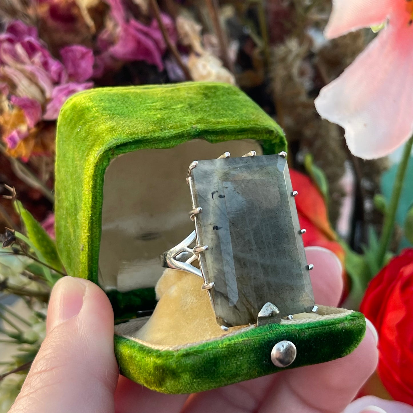 Vintage Sterling Silver Huge XXL Labradorite Ring Rectangular O-P