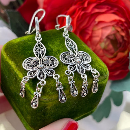 Vintage Sterling Silver Fleur De Lis Filigree earrings Tassel Chandelier Large