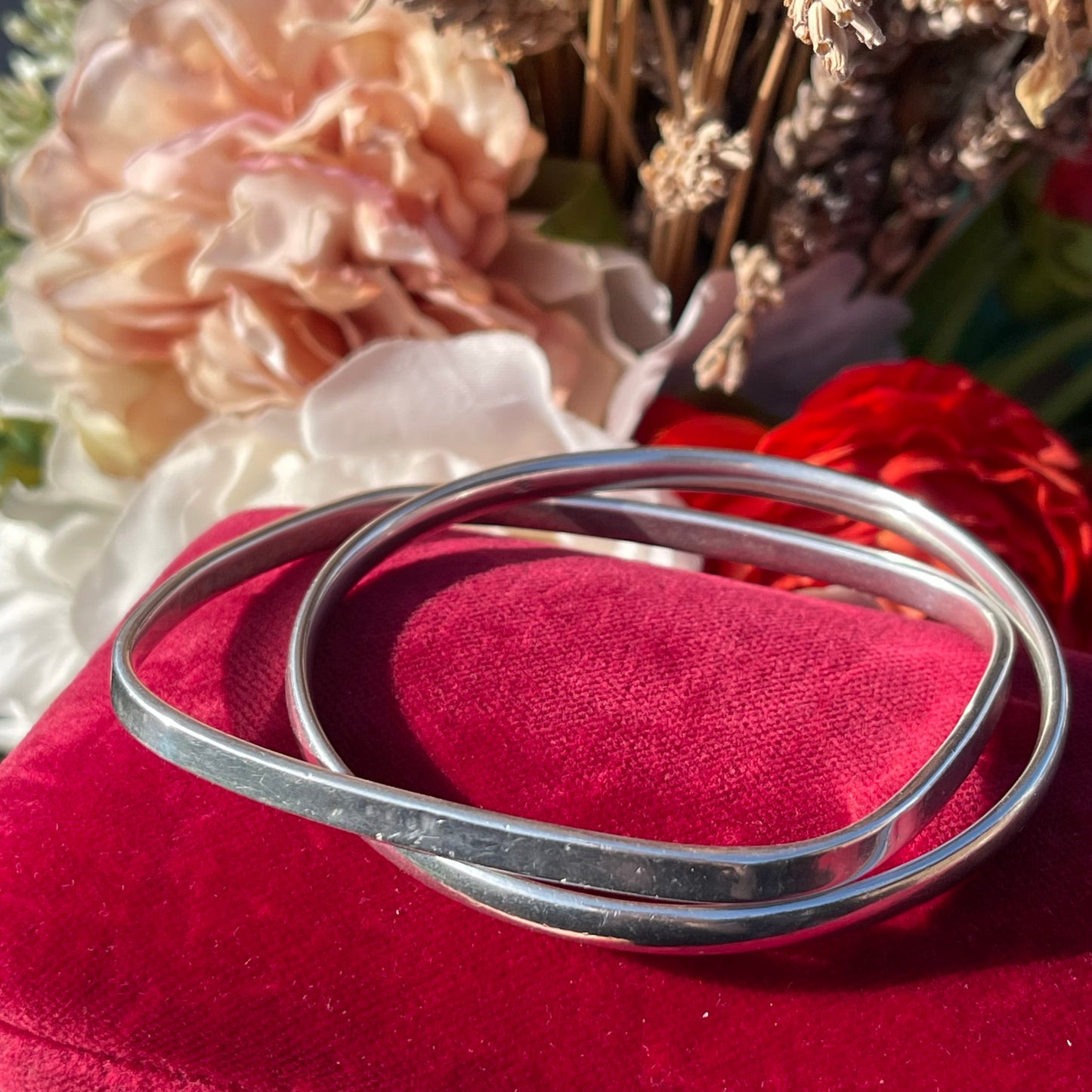 Sterling Silver Linked Bangles Circle Square Heavy 17g