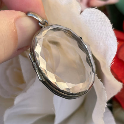 Antique Victorian Silver Rock Crystal Locket Pendant Rare