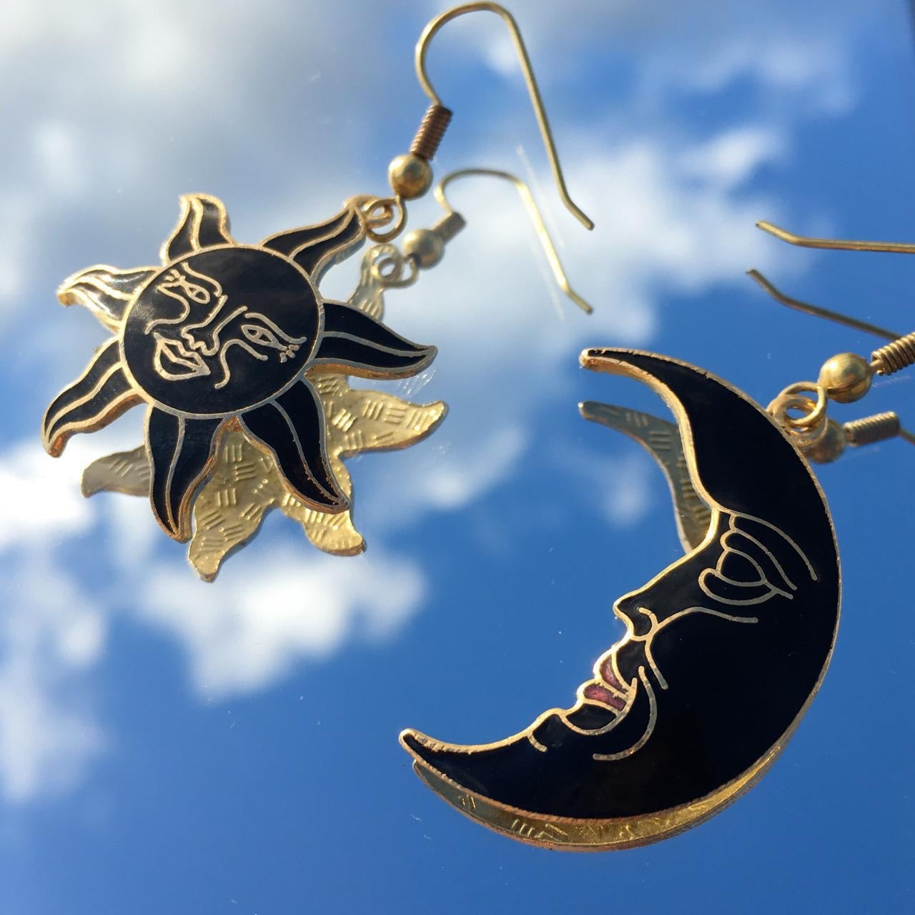 Vintage Black Cloisonné Celestial Sun and Moon earrings