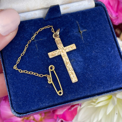 Antique Victorian 9ct Gold Engraved Cross Pendant