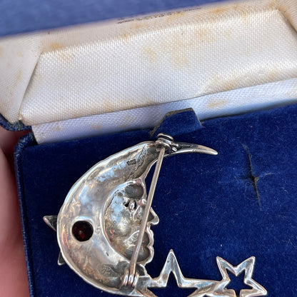 Vintage Sterling Silver Crescent Moon Garnet Brooch