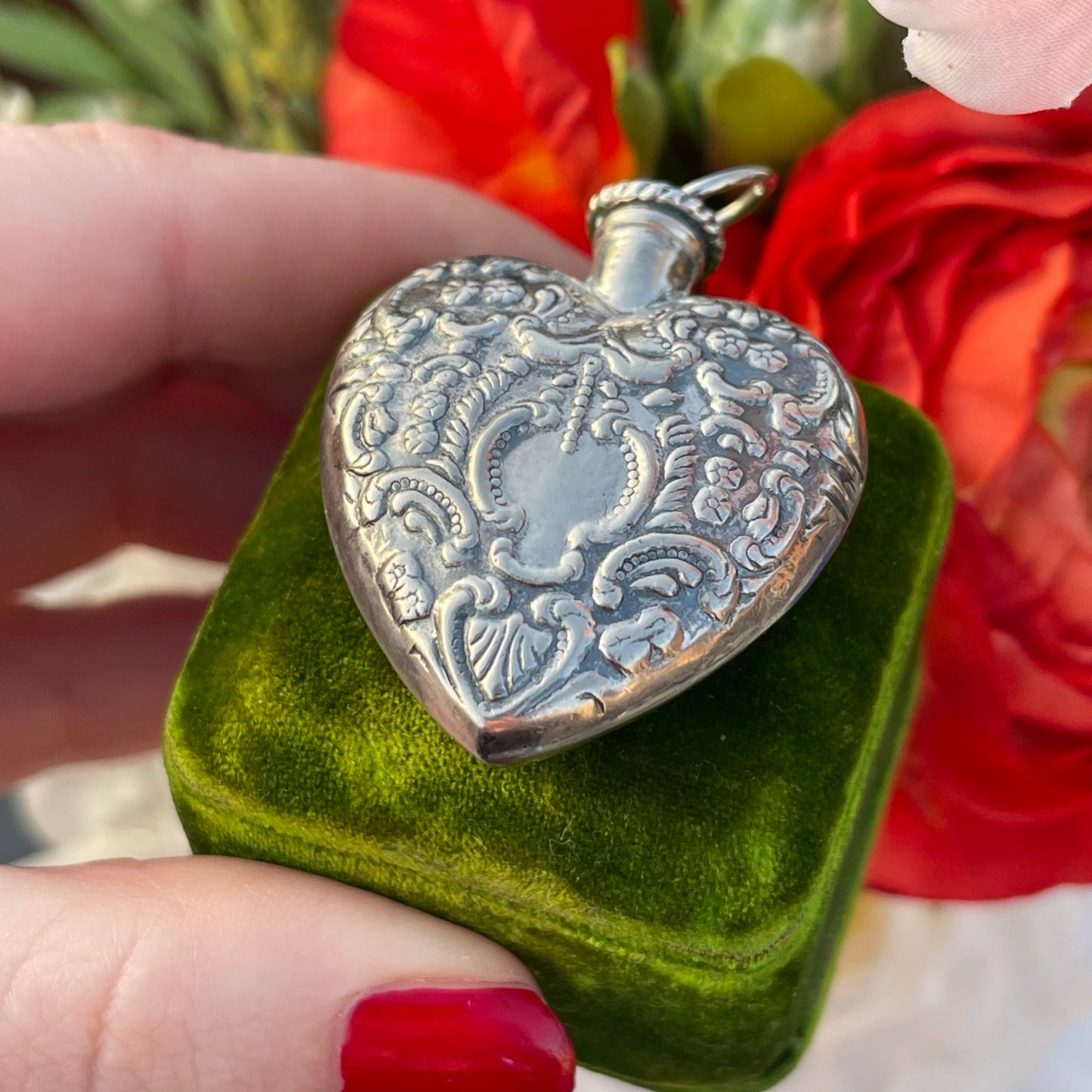Vintage Sterling Silver Filigree Heart Perfume Repoussé chatelaine Bottle Pendant