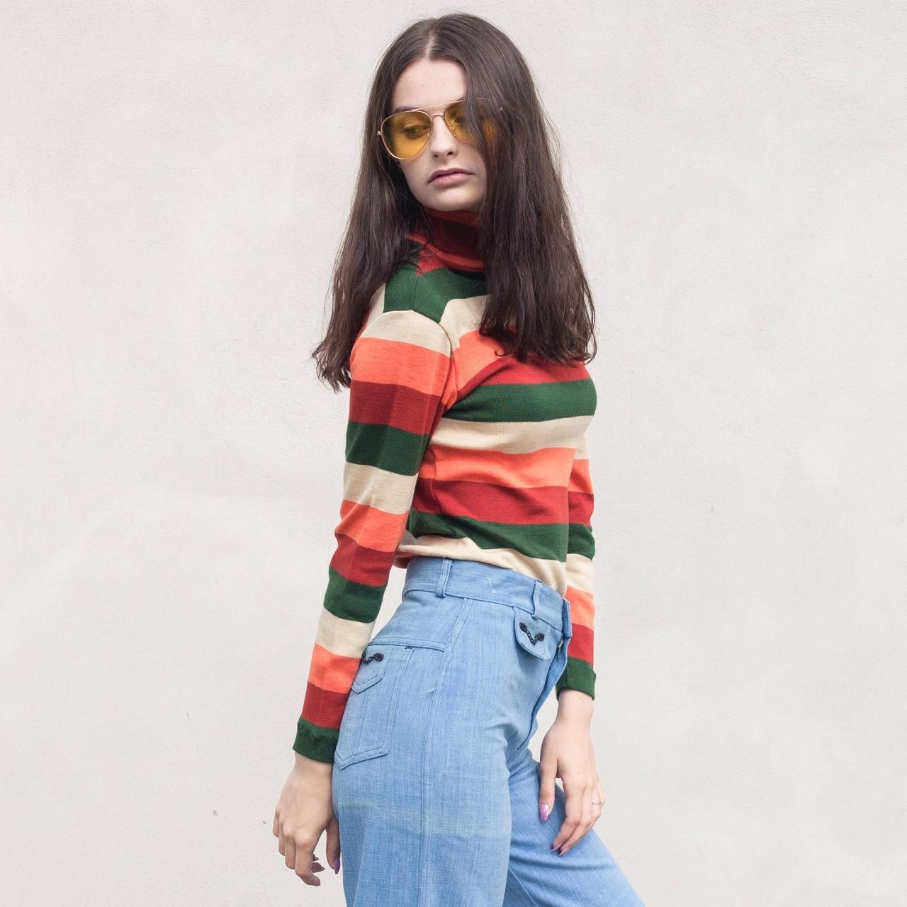 Vintage 70s clemetine cream & green stripe roll neck jumper