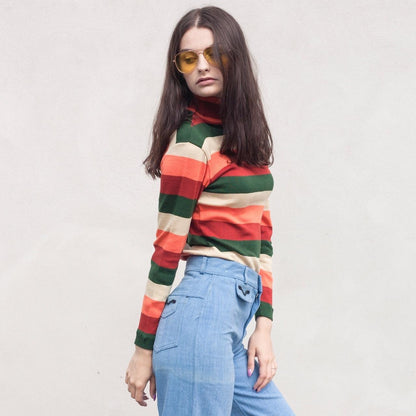 Vintage 70s clemetine cream & green stripe roll neck jumper