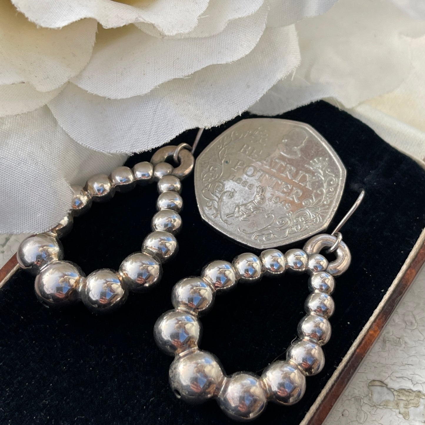 Chunky Silver Droplet Teardrop Hoop Dropper Earrings