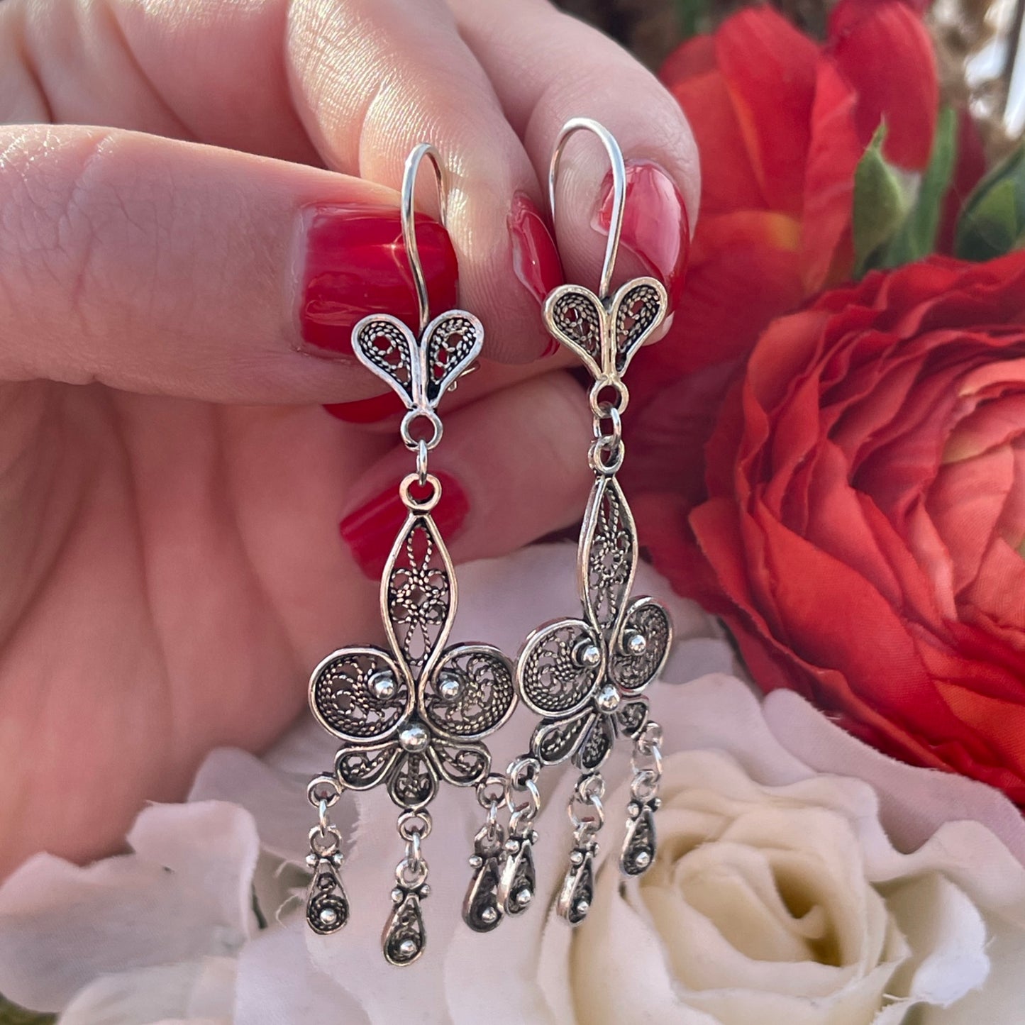 Vintage Sterling Silver Fleur De Lis Filigree earrings Tassel Chandelier Large