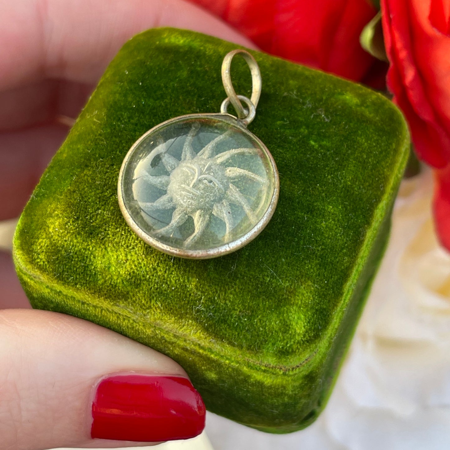 Vintage Silver Indian Reverse Carved Sun Face Pendant Necklace