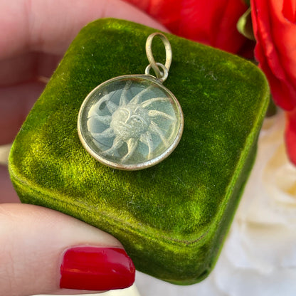 Vintage Silver Indian Reverse Carved Sun Face Pendant Necklace