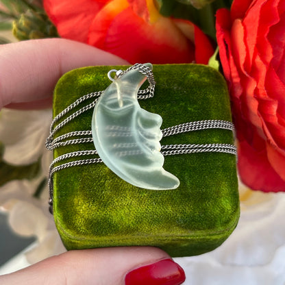 Vintage Sterling Silver Glass Moon Face Pendant Necklace
