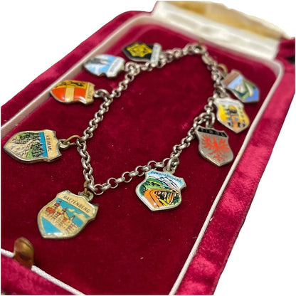 Vintage Sterling Silver Charm Bracelet Shield Travel Austria Belgium