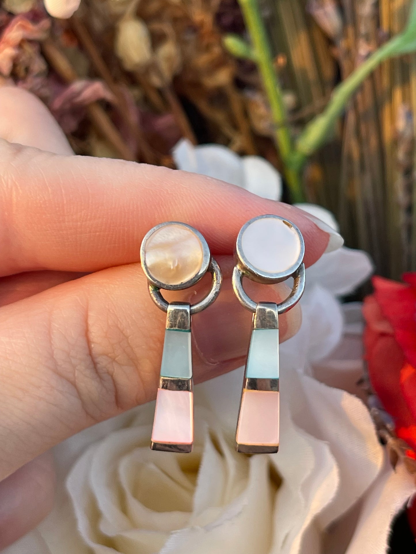 Vintage Sterling Silver Mother Of Pearl Quad Tone Ring Earrings Pendant Set