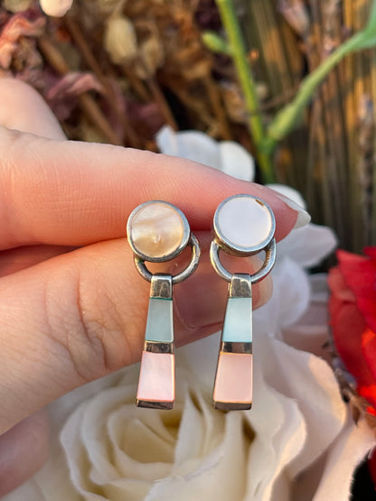 Vintage Sterling Silver Mother Of Pearl Quad Tone Ring Earrings Pendant Set