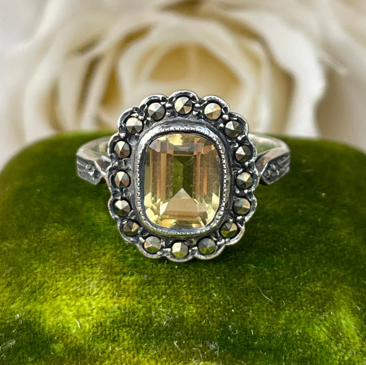 Vintage Sterling Marcasite Citrine Ring Art Deco Revival O