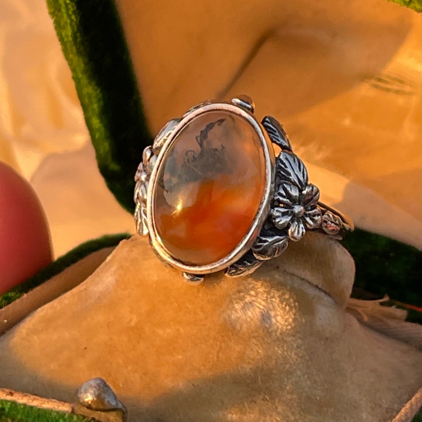 Vintage Sterling Silver Fish Moss Agate Ring Bernard Instone Arts Crafts 1910 L