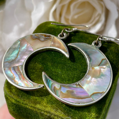 Vintage Silver Abalone Crescent Moon Drop Earrings
