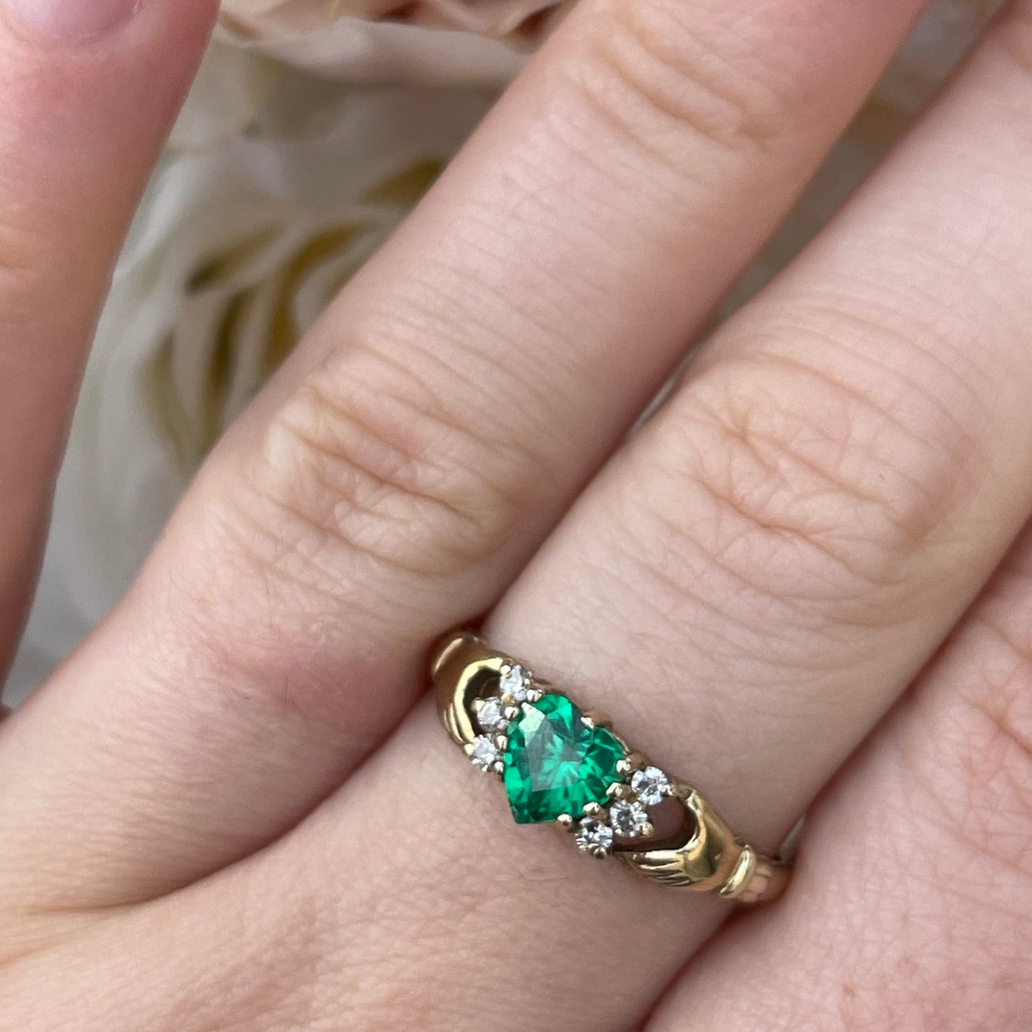 Unreleased: Gold Gilt Silver Green Heart Hands Claddagh Ring S