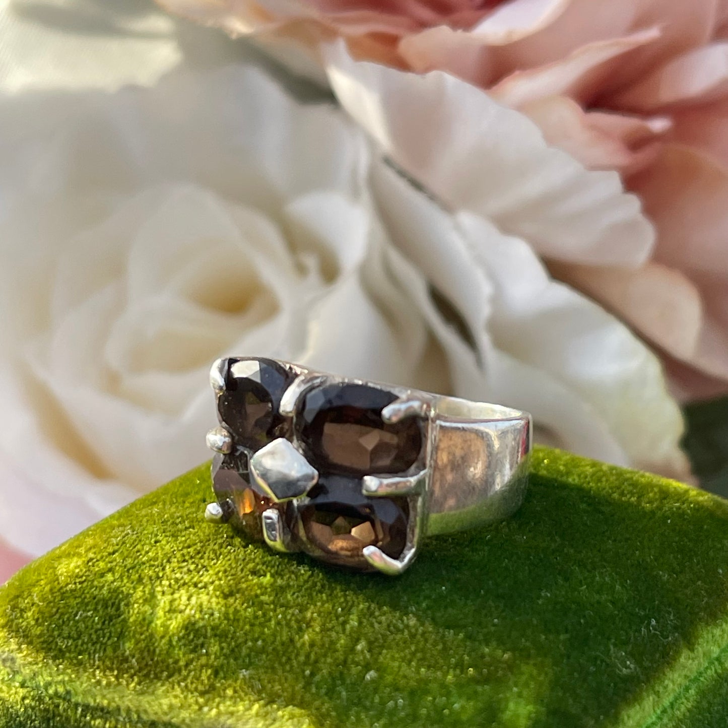 Vintage Sterling Silver Chunky Smoky Quartz Quad Ring Statement 925 L Heavy 6g