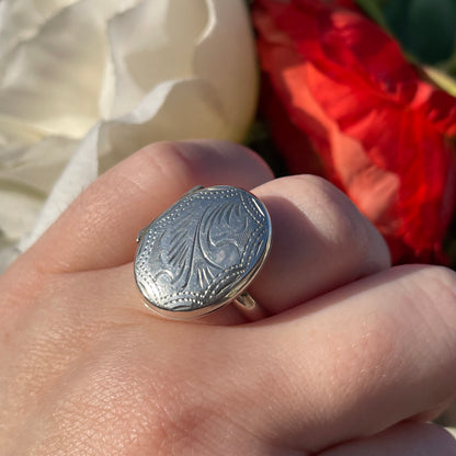 Vintage Sterling Silver Filigree Engraved Locket Ring N