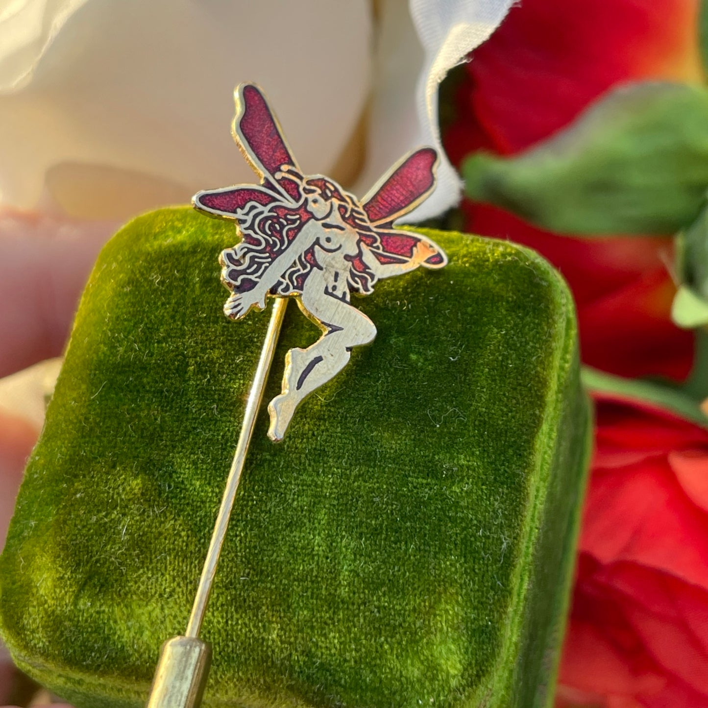 Vintage Gold Plated Cloisonné Fairy Enamel Brooch Whimsical Stick Pin Badge