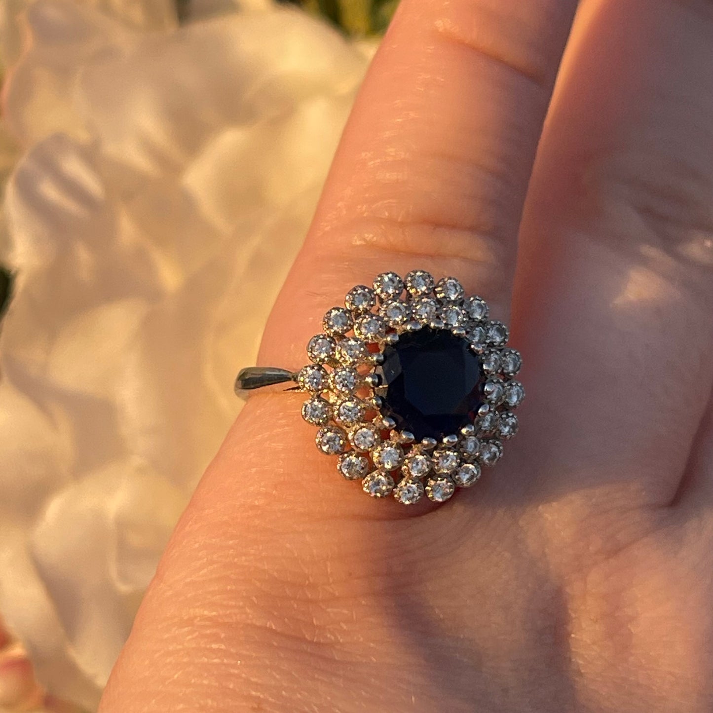 Vintage Sterling Silver 1950s Sapphire Glass Cocktail ring L