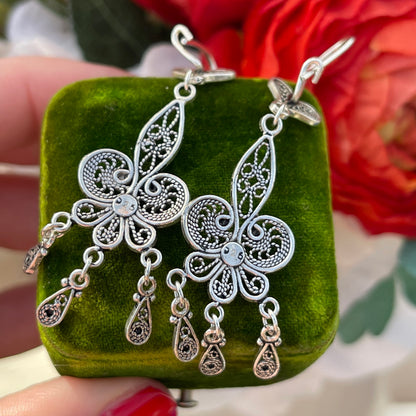 Vintage Sterling Silver Fleur De Lis Filigree earrings Tassel Chandelier Large