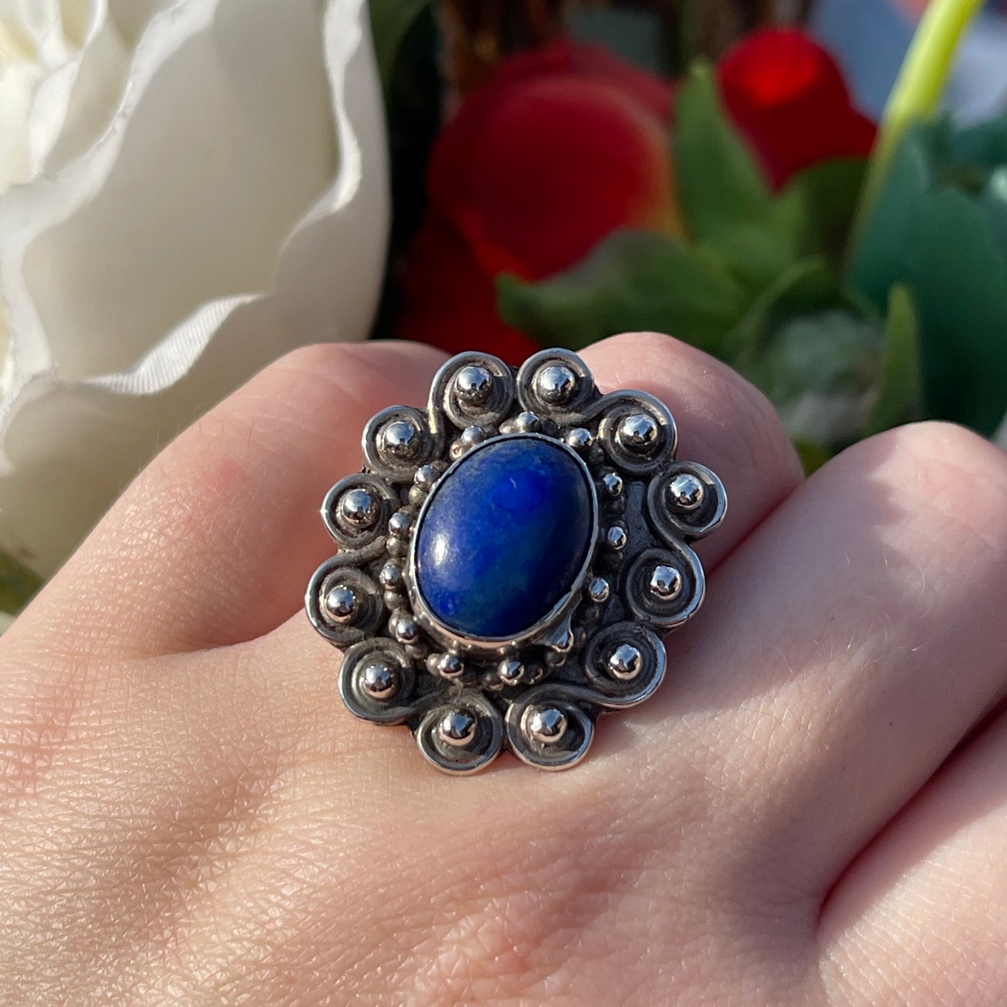 Vintage Sterling Silver Lapis Lazuli Swirl Statement Ring P