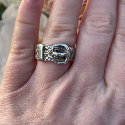 Antique Sterling Silver Victorian Buckle Ring SIL UK S Heavy 7g