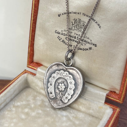 Antique Victorian Sterling Silver Heart Horseshoe Locket 1897